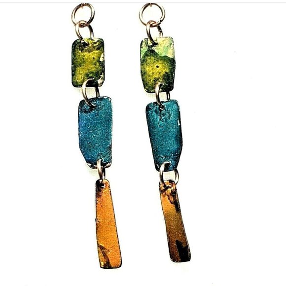 Modernist Solid Pure Copper Handmade Earrings Boho Dandle Drop Hand Painted Gift - Picture 1 of 5